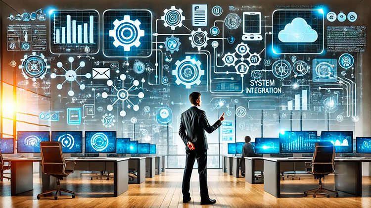Un homme entouré de plusieurs ordinateurs, avec des éléments technologiques pour symboliser l'automatisation et l'intégration de systèmes.